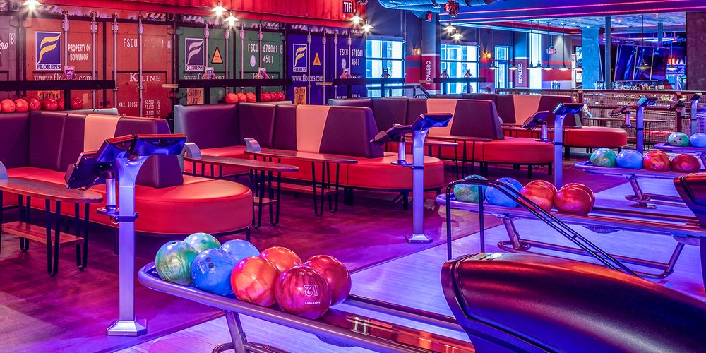 Vibrant bowling alley at Bowlero Cerritos, ideal for events and team-building activities.