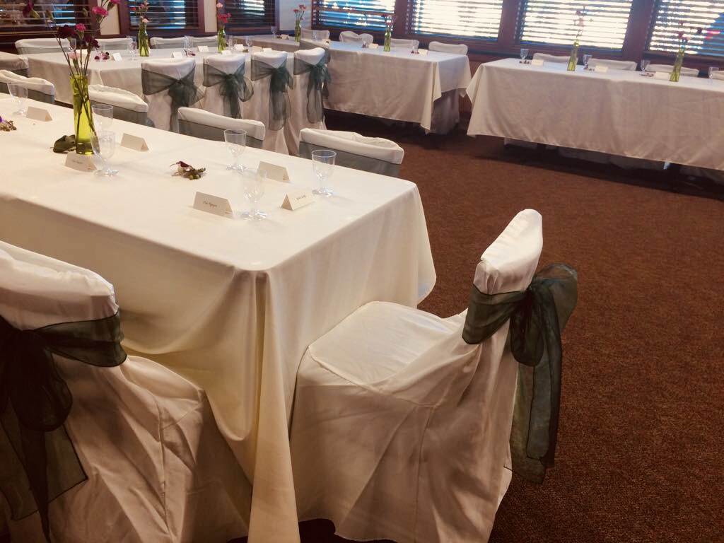 Private dining room at Golden Corral #2658 with elegant table setup for corporate events.