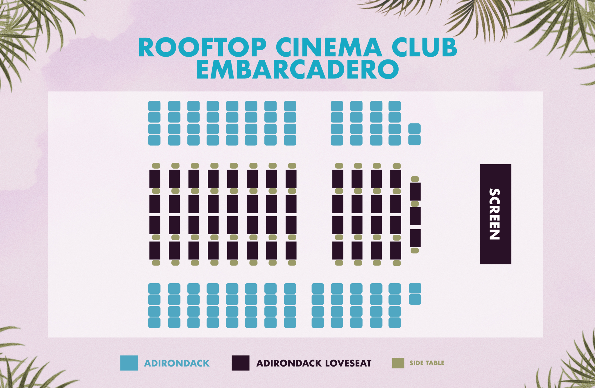 Rooftop Cinema Club Embarcadero seating with Adirondack chairs for outdoor movie events.
