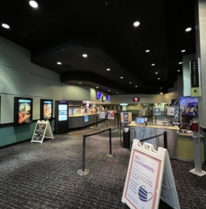 Spacious UltraStar Cinemas lobby for private screenings and events with digital displays.
