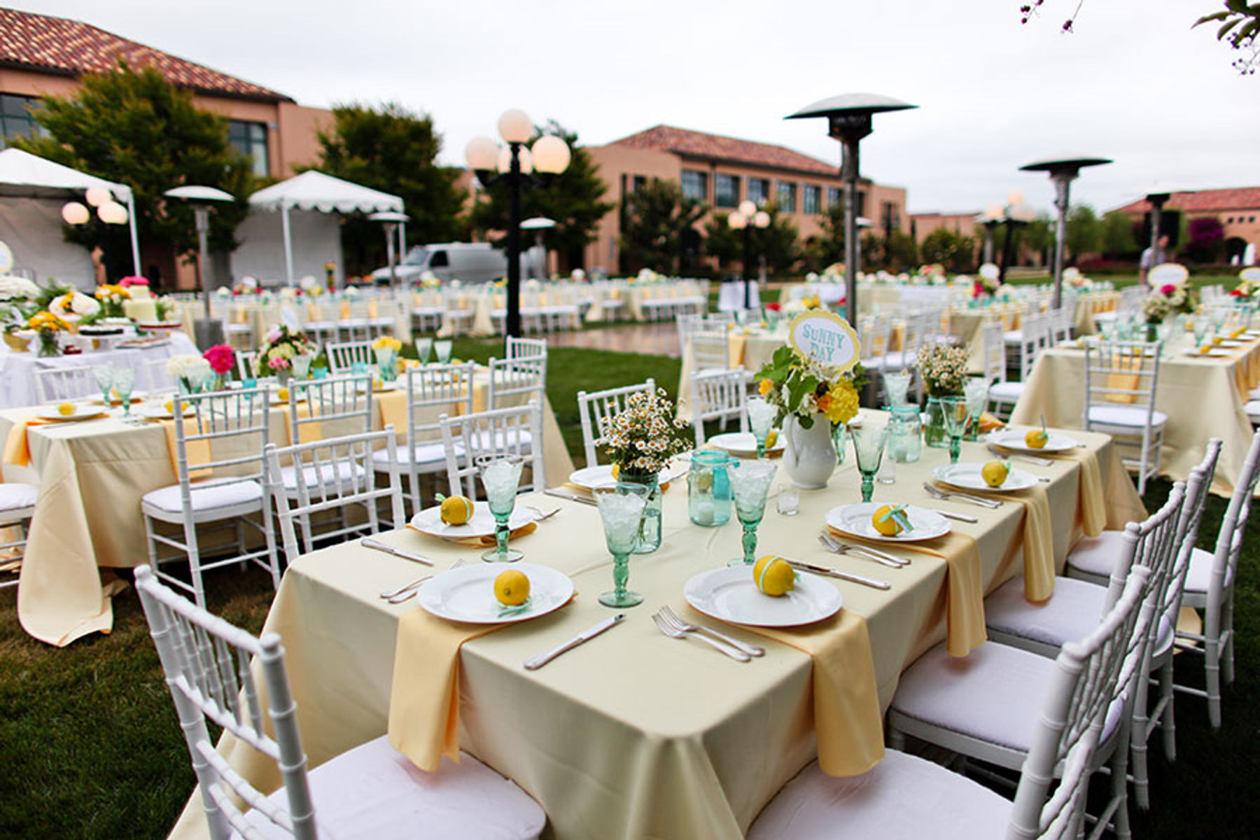 Elegant outdoor event space at Liberty Station with pastel tables, perfect for weddings.