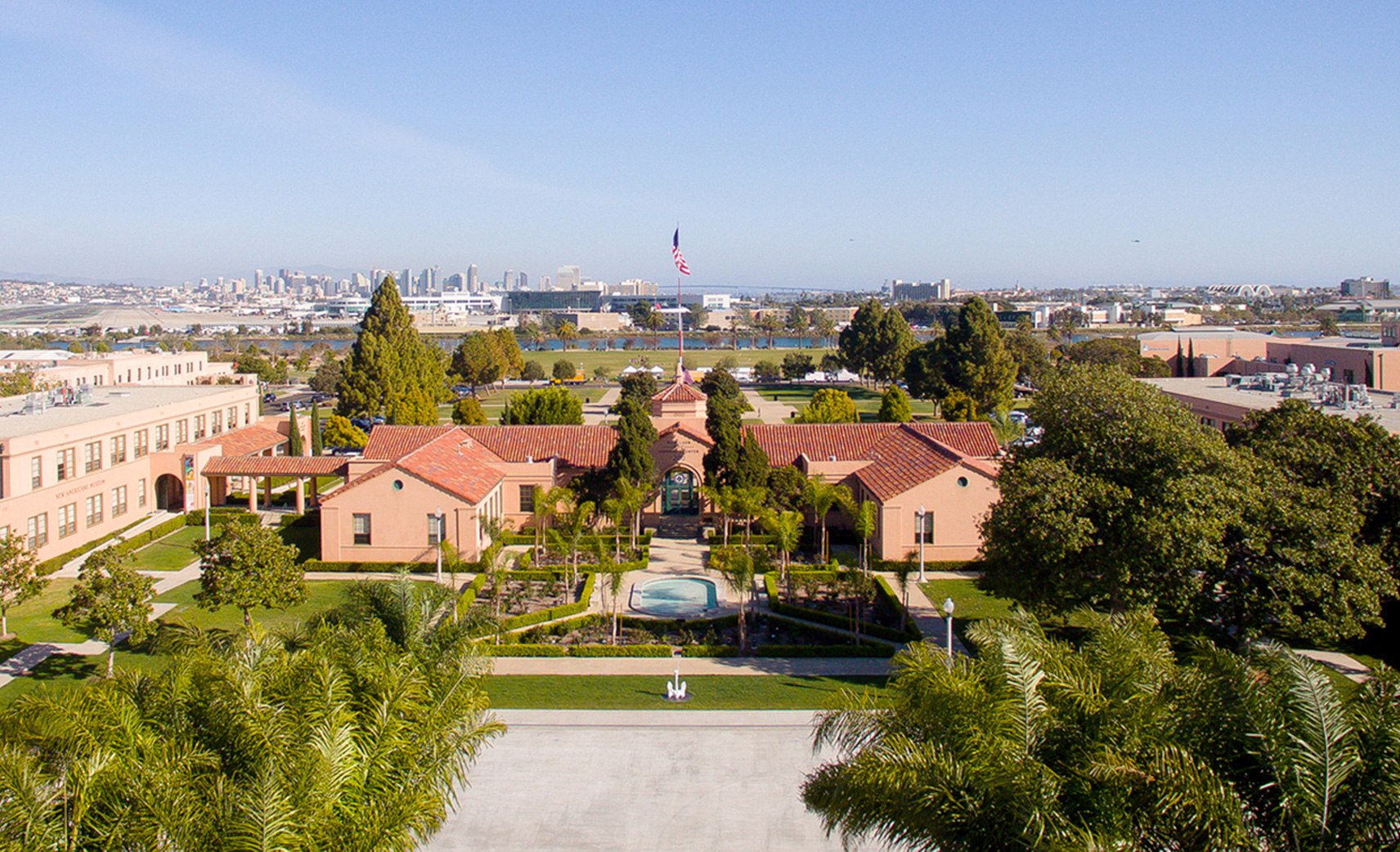 South Promenade at Liberty Station, scenic venue for meetings and events with city skyline.