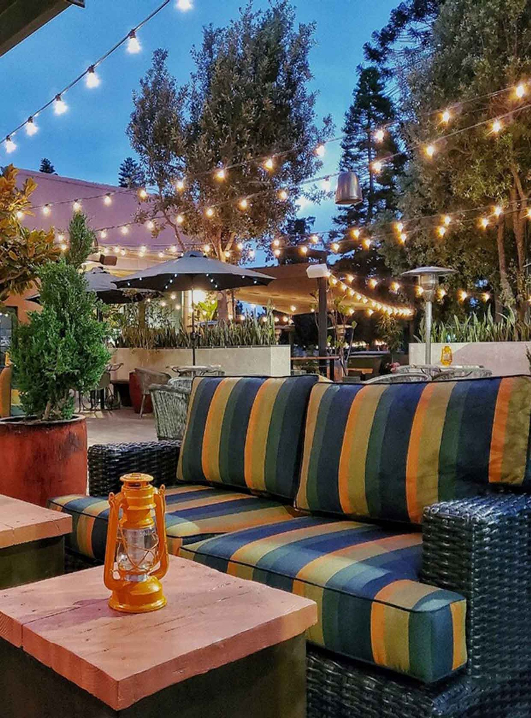 Outdoor event space at The Presley with vibrant seating and warm string lights.