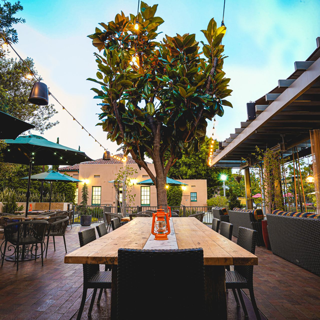Outdoor event space with wooden table, string lights for gatherings and receptions.