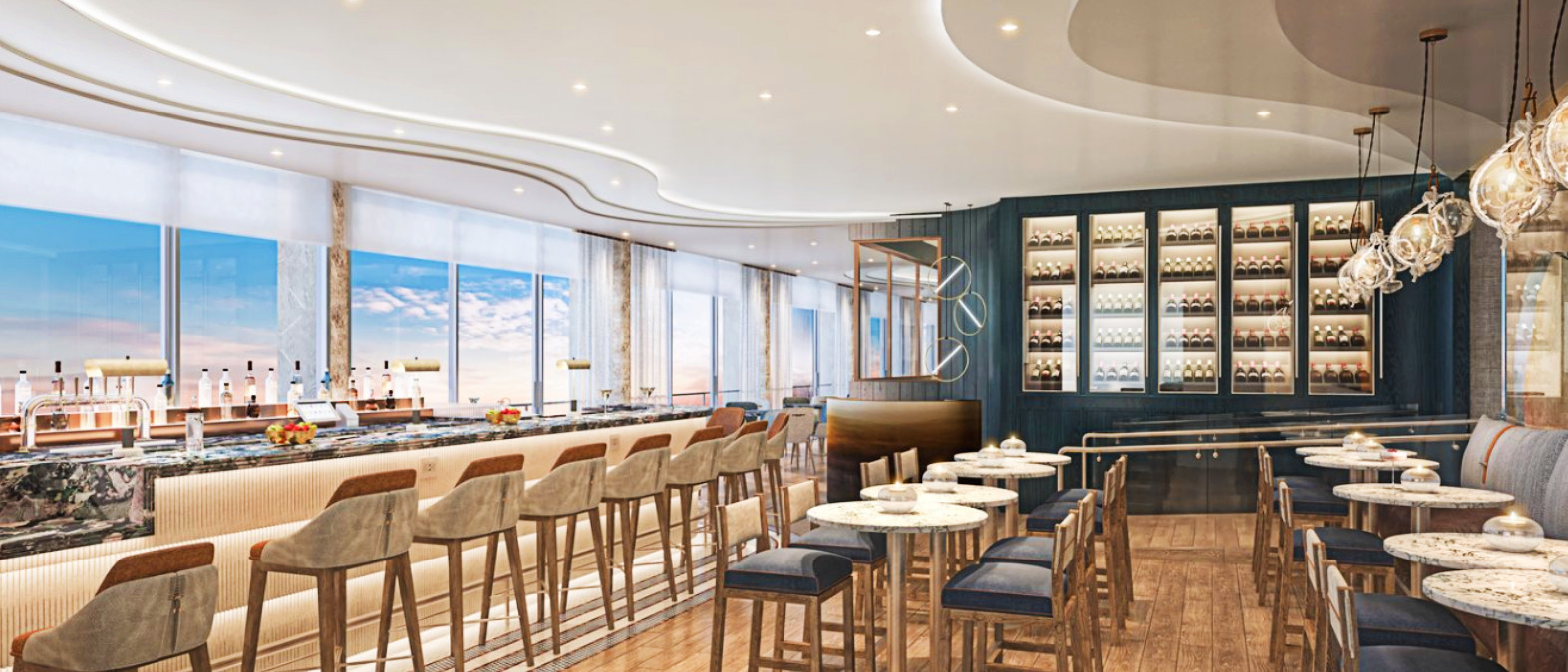 Modern event space with sleek bar and natural light for networking or social gatherings.