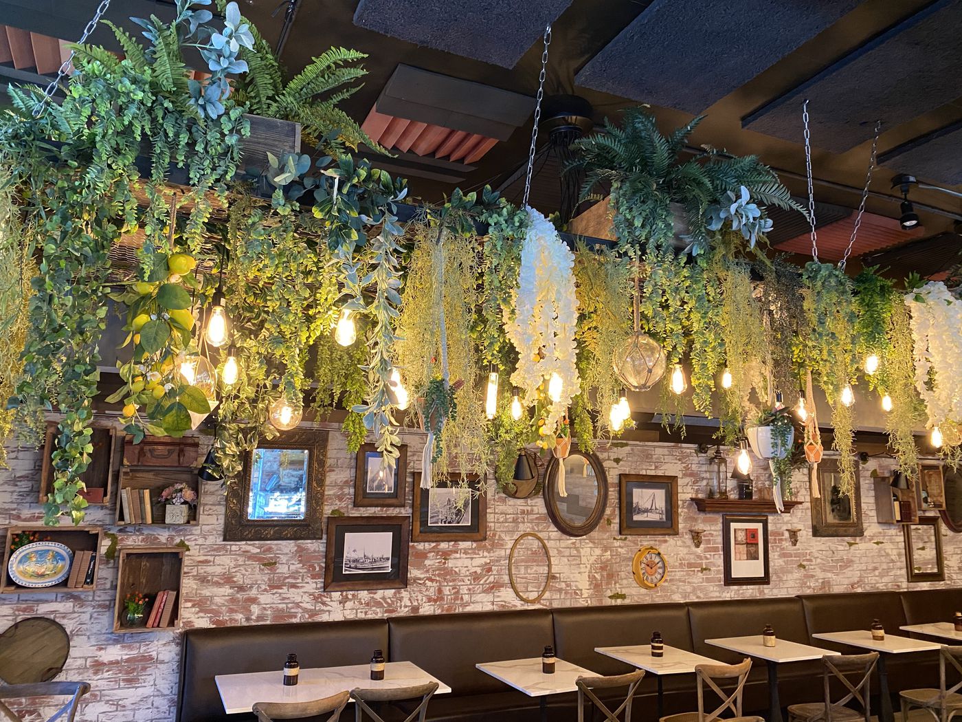 Rusticucina restaurant with lush greenery and warm lighting, ideal for events and gatherings.