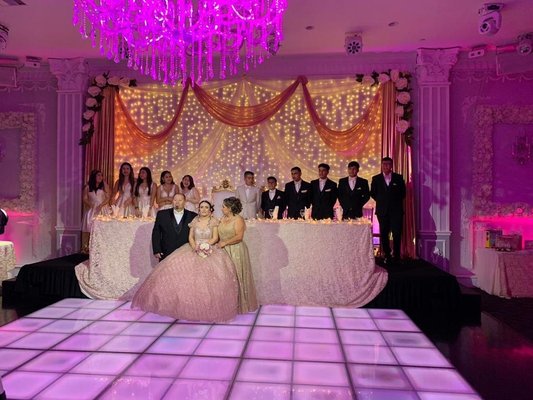 Dance floor at Factory of Dreams, elegant decor for quinceañera celebration.