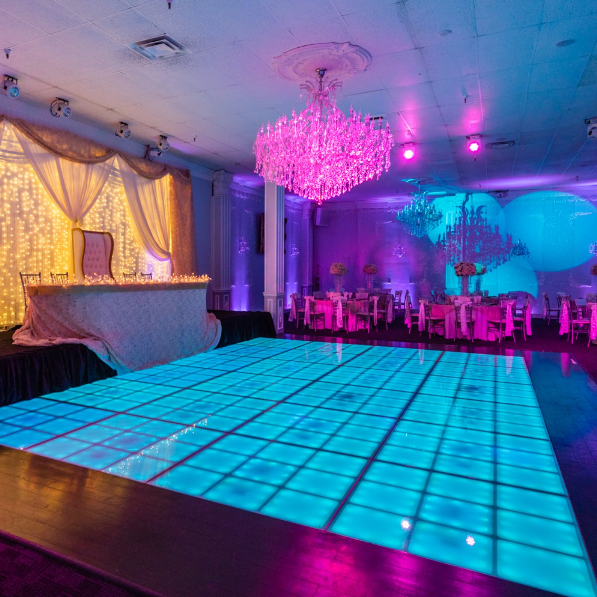 Elegant dance floor in Factory of Dreams, perfect for weddings and upscale events.