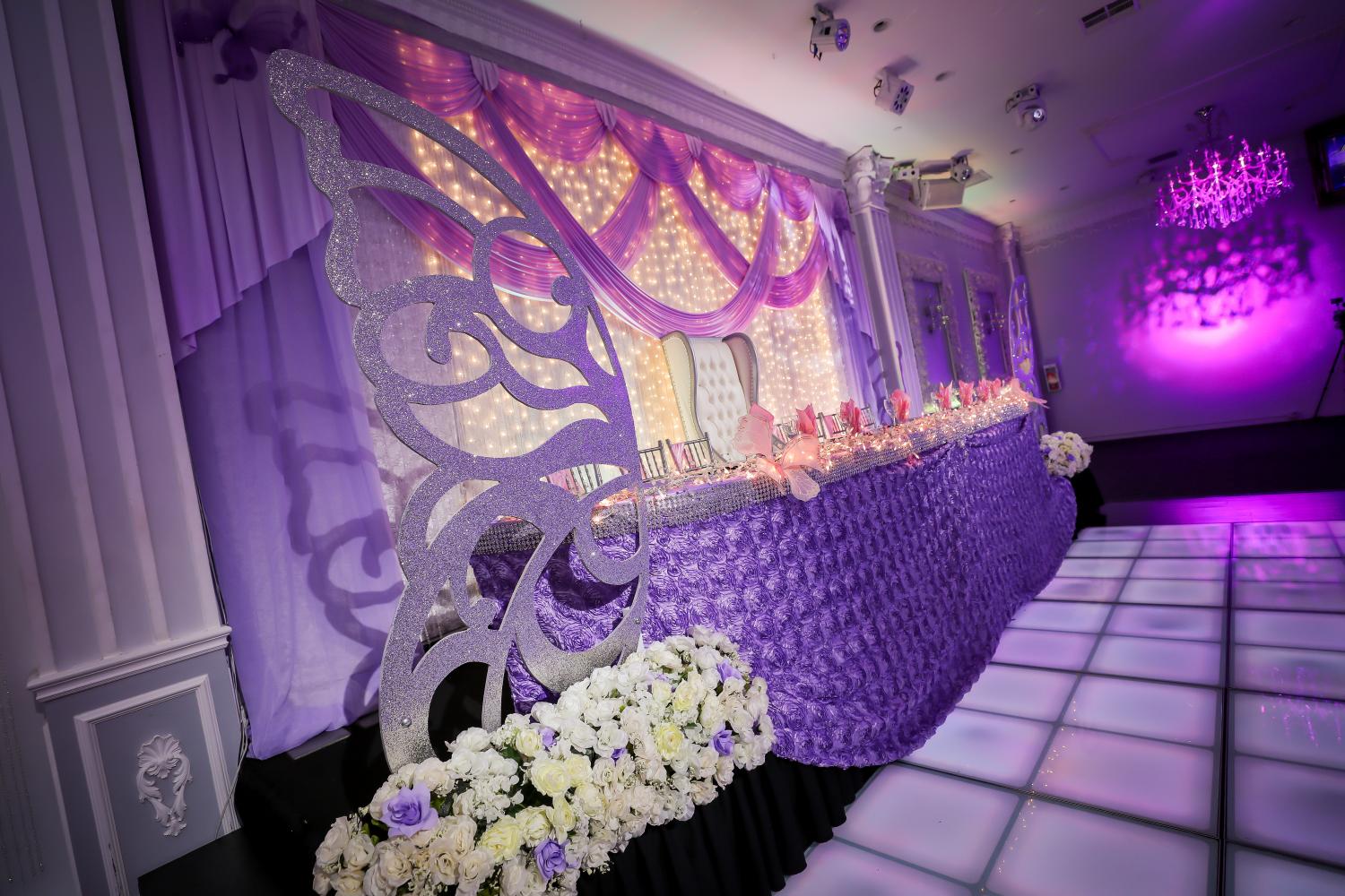 Elegant dance floor with butterfly motifs, perfect for weddings and milestone events.