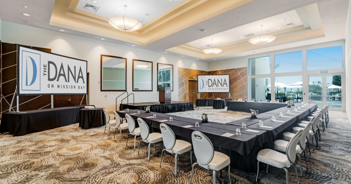 Mission Bay Ballroom with U-shaped table setup for corporate events and workshops.