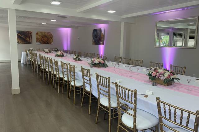 Elegant Mission Bay Ballroom with pink accents, ideal for weddings and corporate events.
