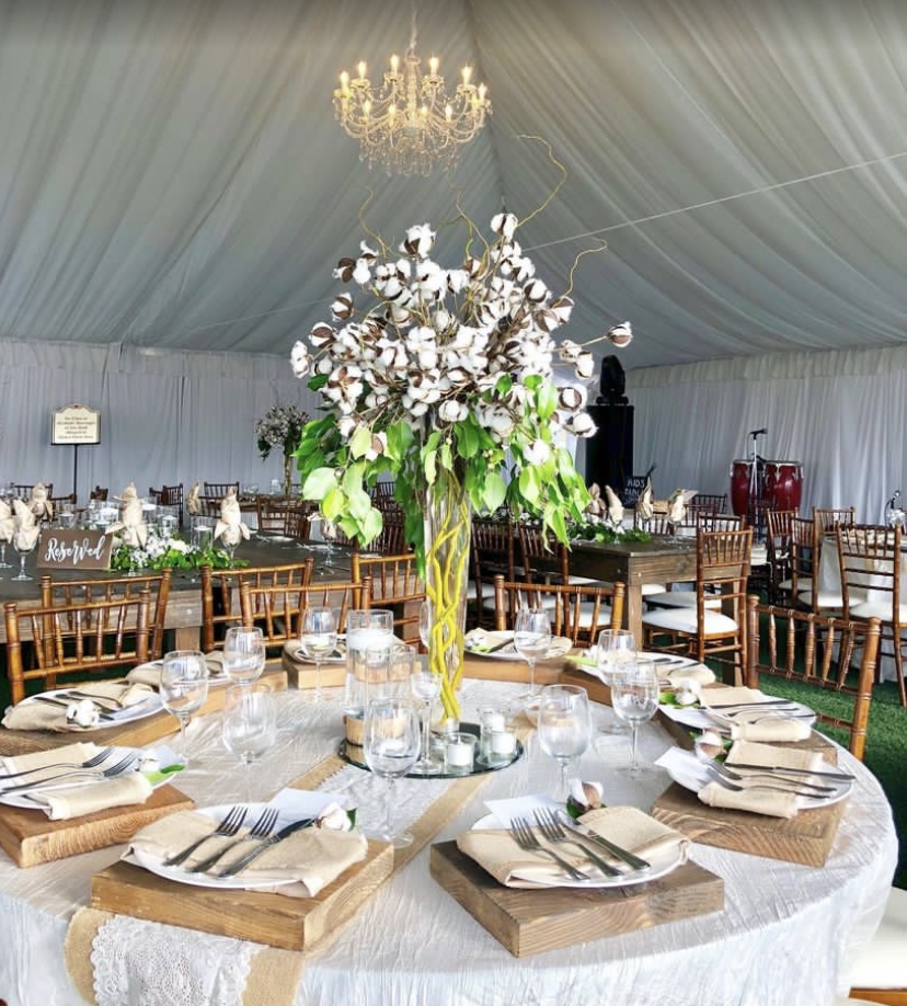 Elegant gazebo in San Diego with cotton blooms, ideal for weddings and upscale events.