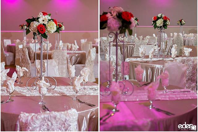 Elegant ballroom with floral centerpieces, perfect for weddings and upscale events.