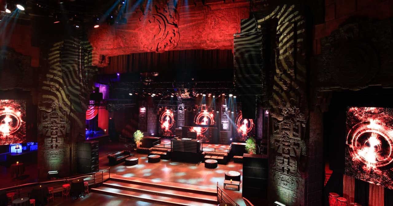 Mayan Theater in Discotech: dynamic event space with dramatic lighting for concerts and parties.