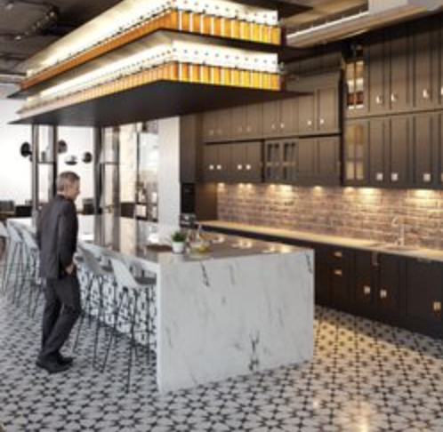 Modern kitchen with marble island, ideal for events and meetings at Collective Impact Center.