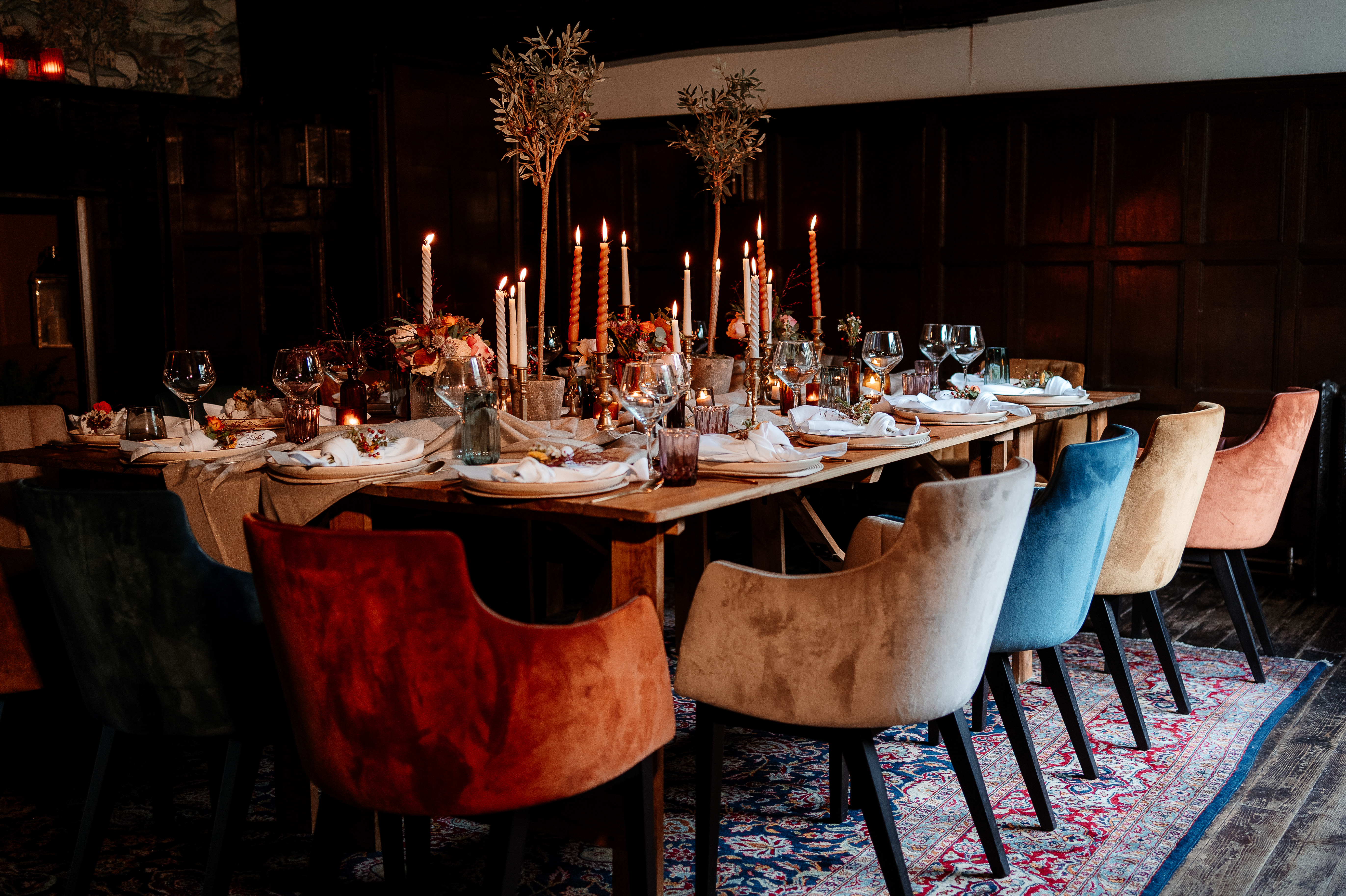 Elegant dining table in The Oak Room, Voco Lythe Hill Hotel for upscale events.