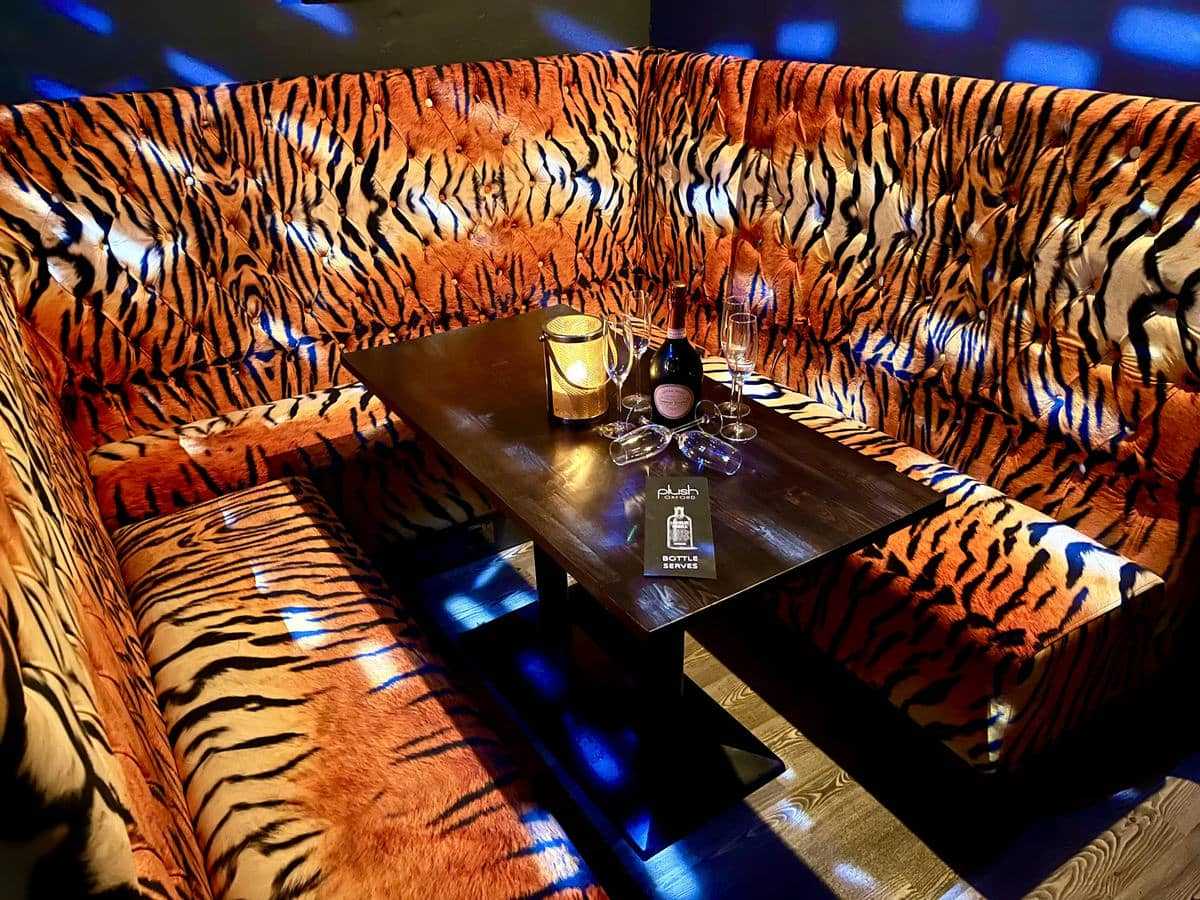 VIP area with tiger-striped seating, ideal for themed events and social gatherings.