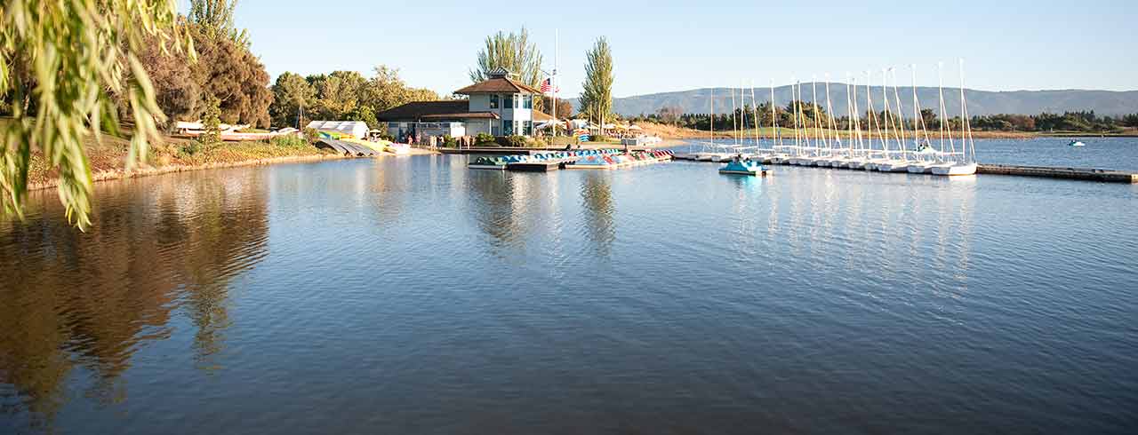 Serene lakeside venue for outdoor events and team-building activities at Shoreline Lake.