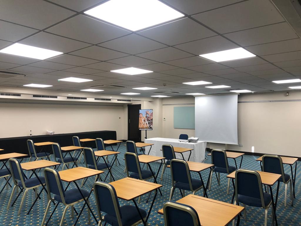 Prince of Wales meeting room setup for presentations at Mercure Cardiff North Hotel.