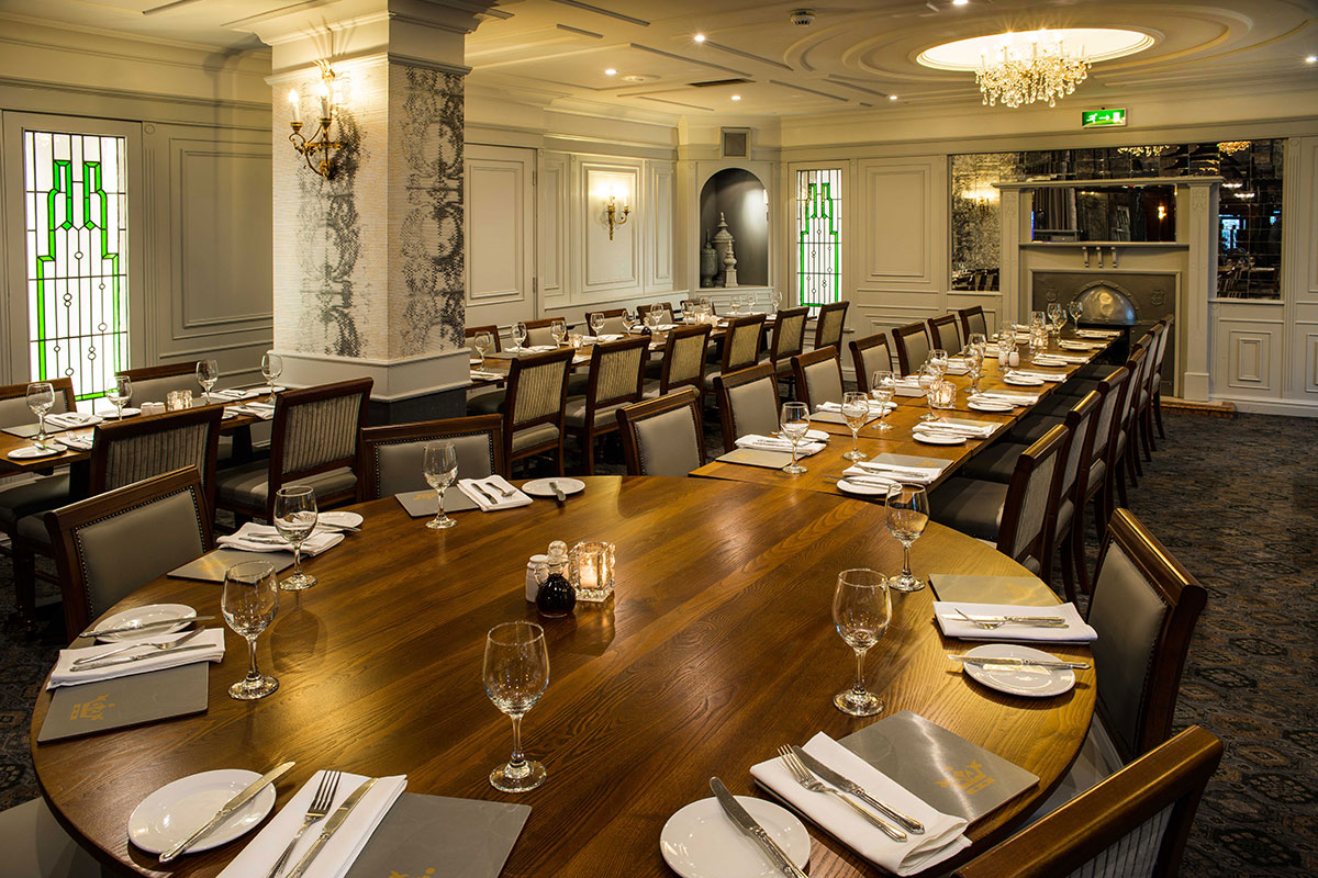 Sophisticated function room with elegant round table for corporate meetings and private events.