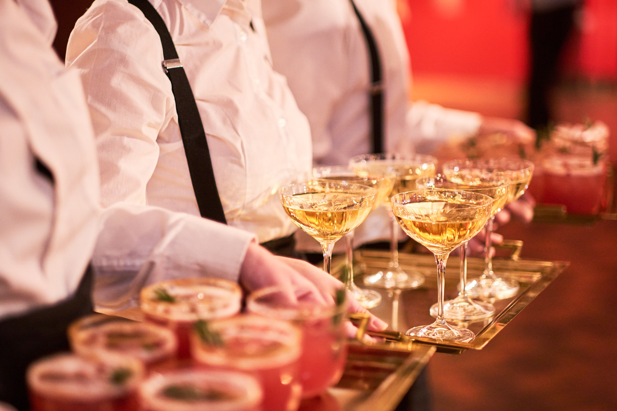 Elegant service setup with cocktails at The Ellis Room, London Coliseum event.