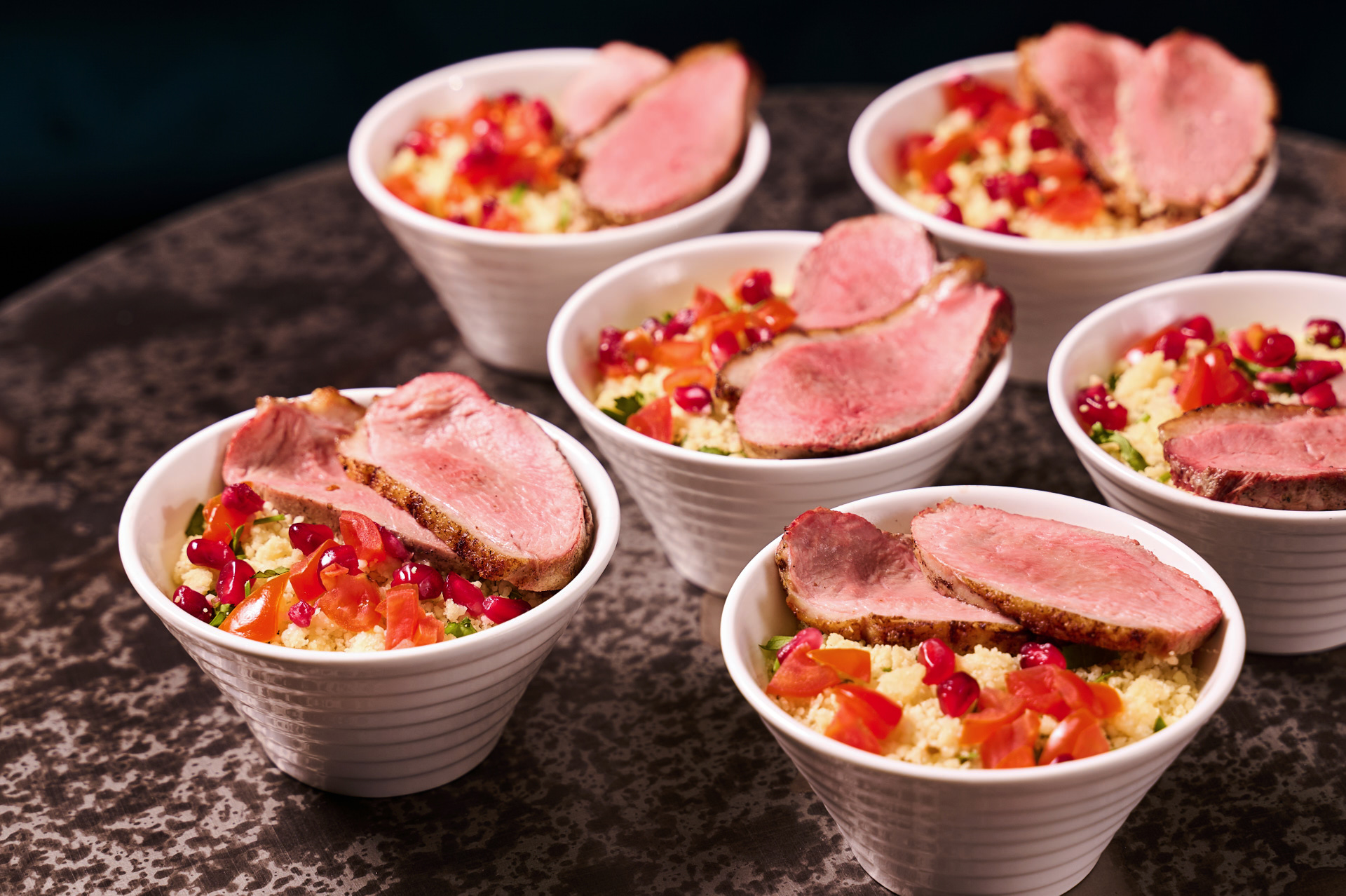 Elegant catering presentation of gourmet bowls at The Ellis Room, London Coliseum.