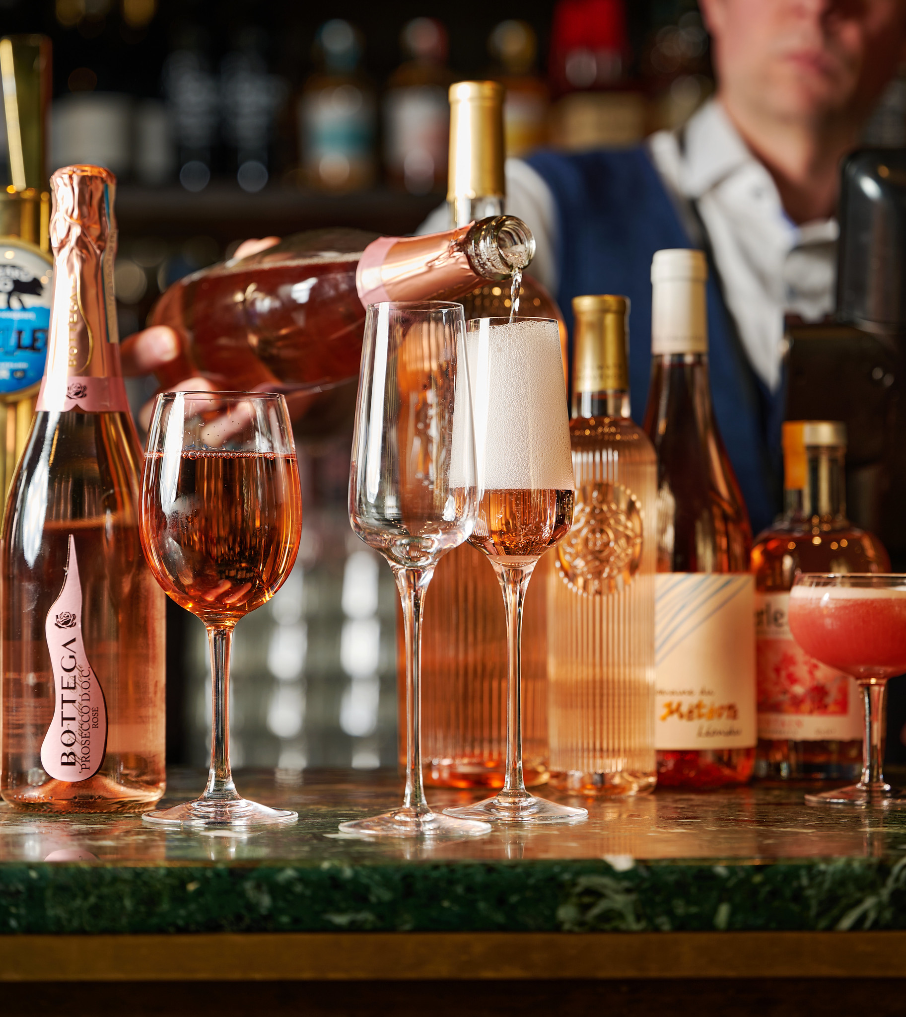Elegant rosé wine selection in The Ellis Room, ideal for networking events and celebrations.