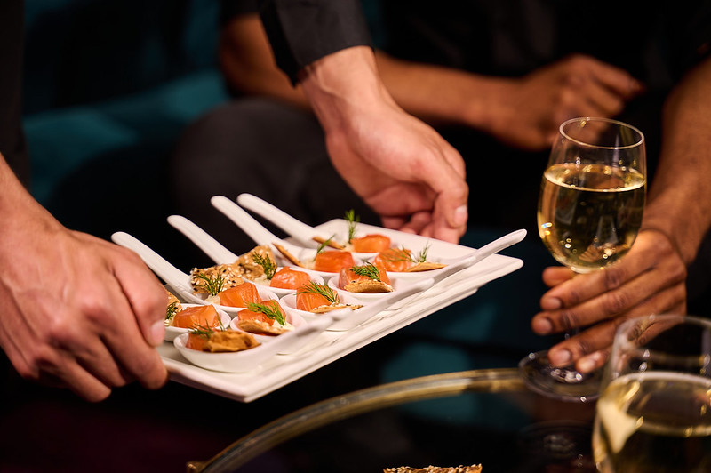 Elegant hors d'oeuvres in spoons at London Coliseum catering for cocktail reception.
