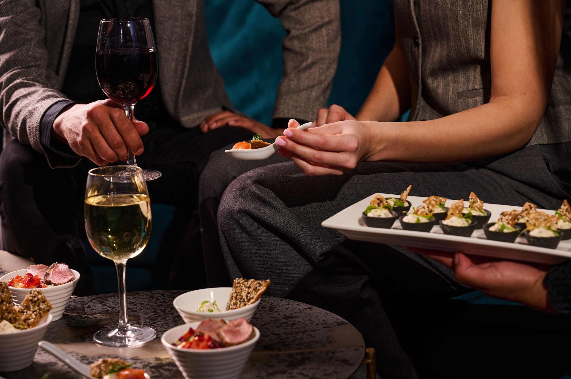 Elegant networking event in The Chairman’s Room, London Coliseum with gourmet hors d'oeuvres.