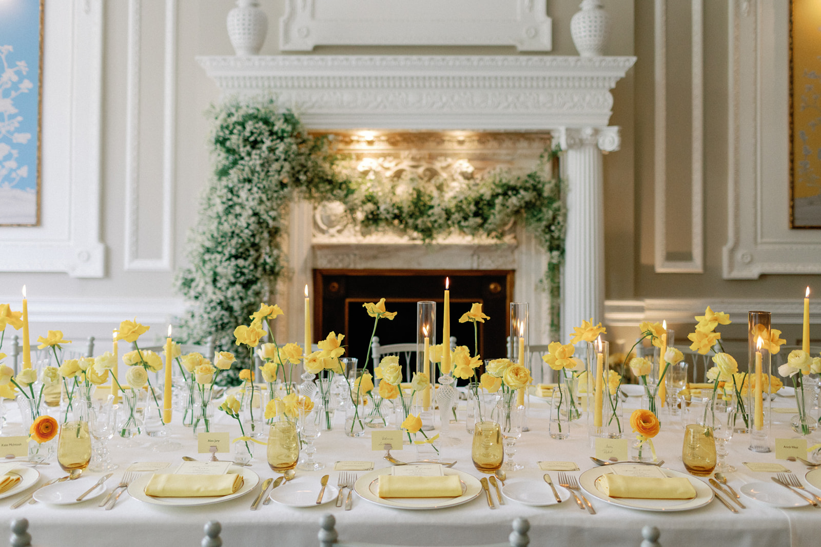 Elegant banquet table with yellow flowers in Brabourne Room, perfect for weddings and upscale events.