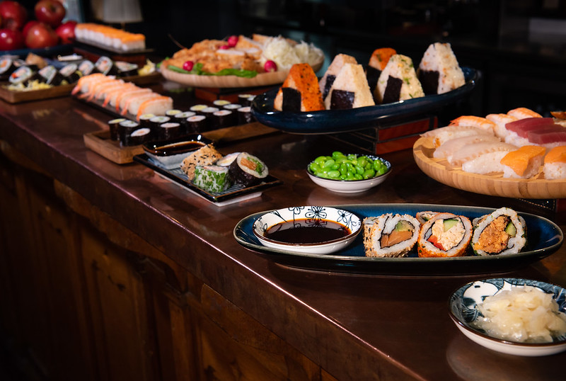 Sushi spread in Harewood Room, London Coliseum for corporate networking events.