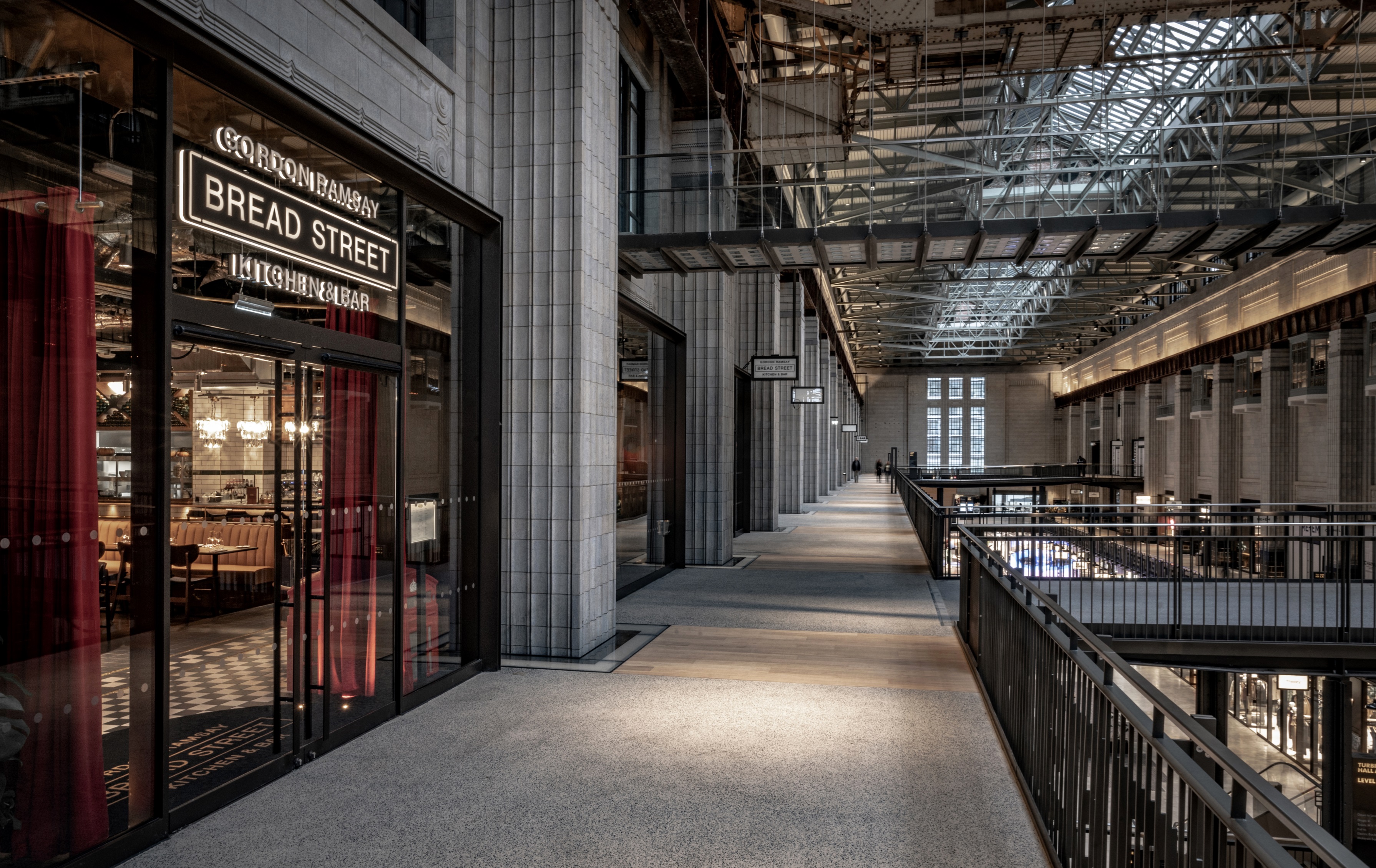 Modern industrial venue with large windows for events at Bread Street Kitchen, Battersea.