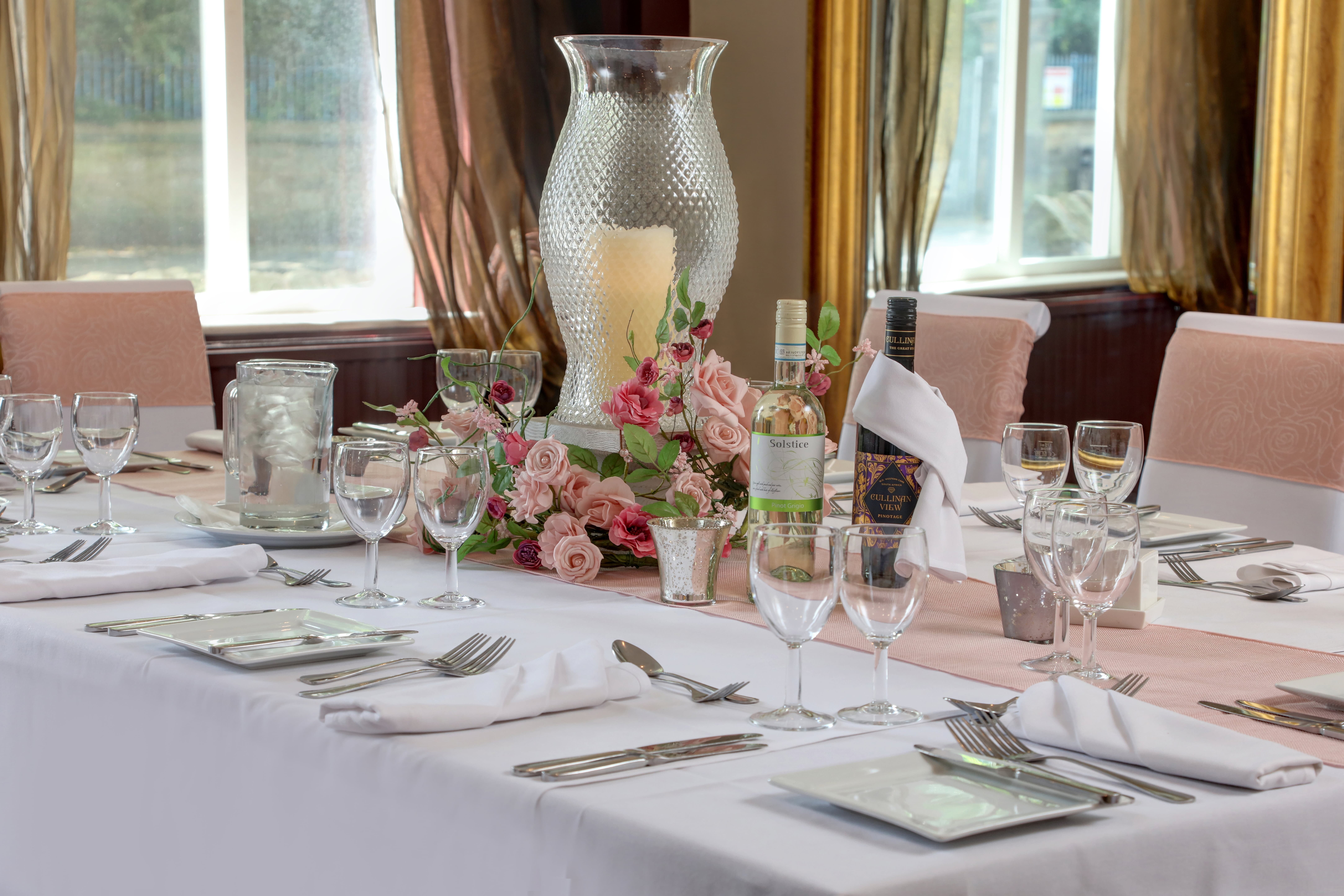 Elegant dining table setup in The Stuart Hotel for weddings and corporate events.