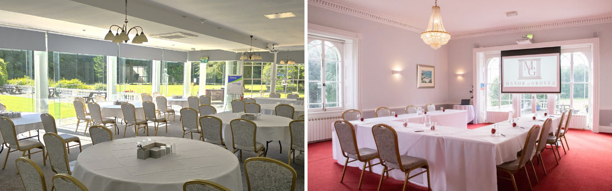 Main House at Manor of Groves, large windows, event spaces for meetings and gatherings.