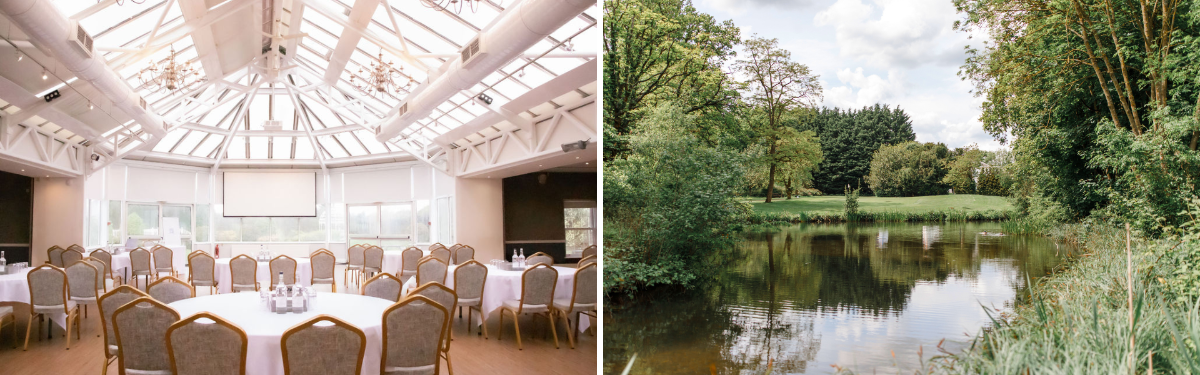 Elegant event space in Manor of Groves with natural light and serene outdoor setting.