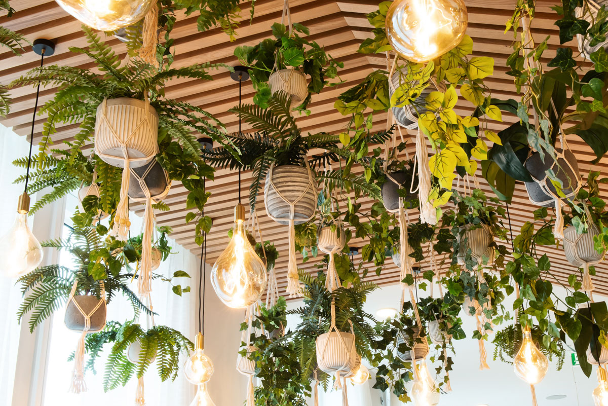 Salvation Bar at voco Manchester: stylish event space with hanging plants and lights.