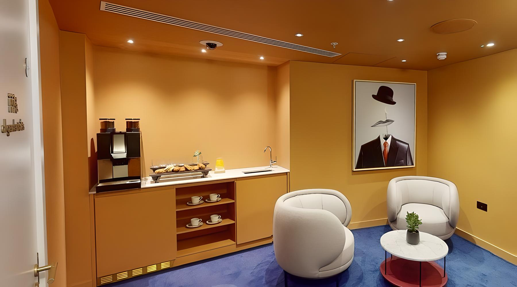 Creative Room 5 at art'otel London: inviting break area with coffee station for events.
