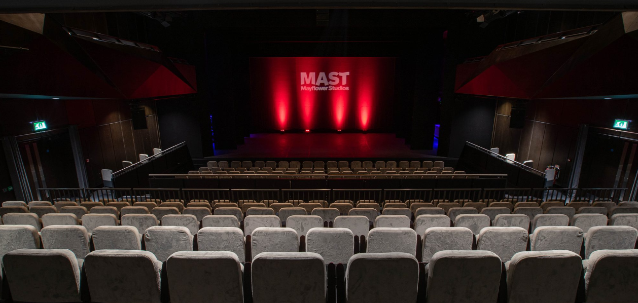 Studio 1 at Mayflower Theatre with tiered seating for professional events and performances.