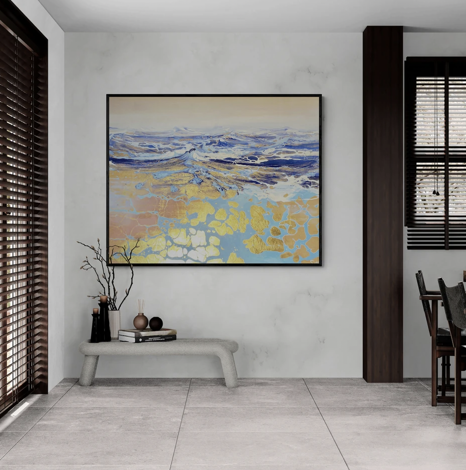 Modern gallery event space with abstract painting, ideal for meetings and inspiration.