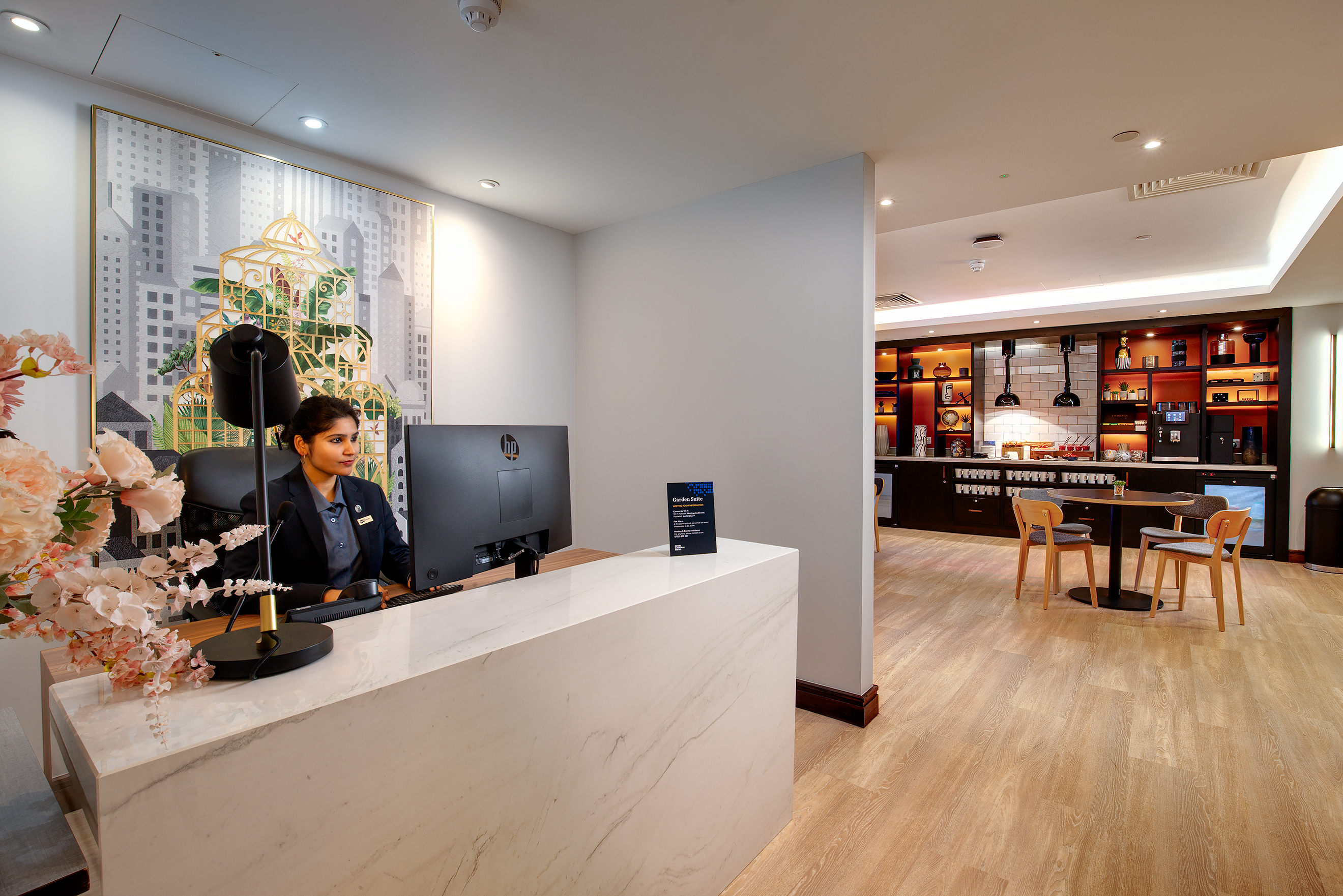 Sleek reception area at Brunswick, Royal National Hotel, ideal for meetings and events.