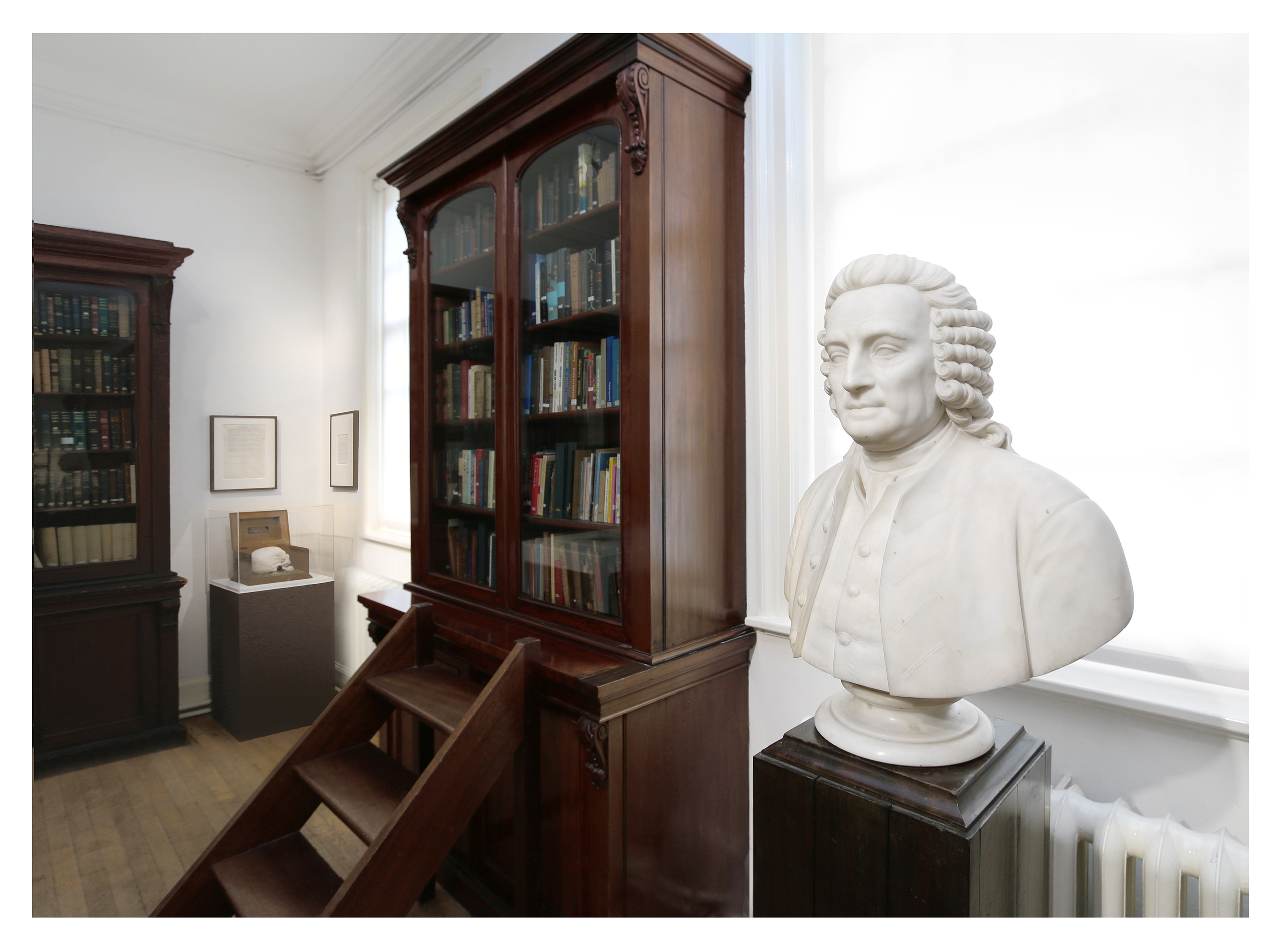 Elegant meeting space with wooden bookcase and marble bust for lectures and workshops.