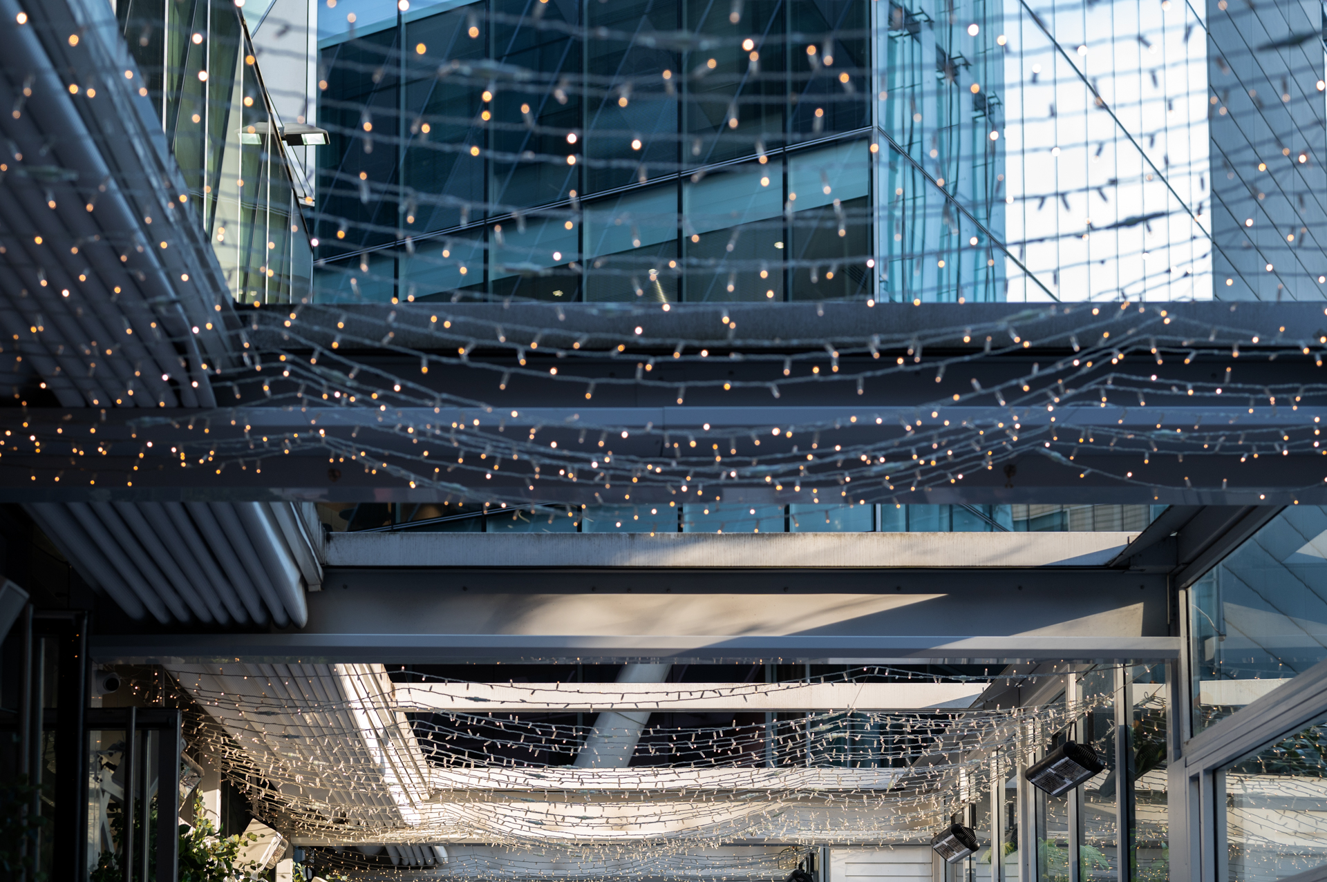 Outdoor event space with twinkling lights, ideal for gatherings and receptions.