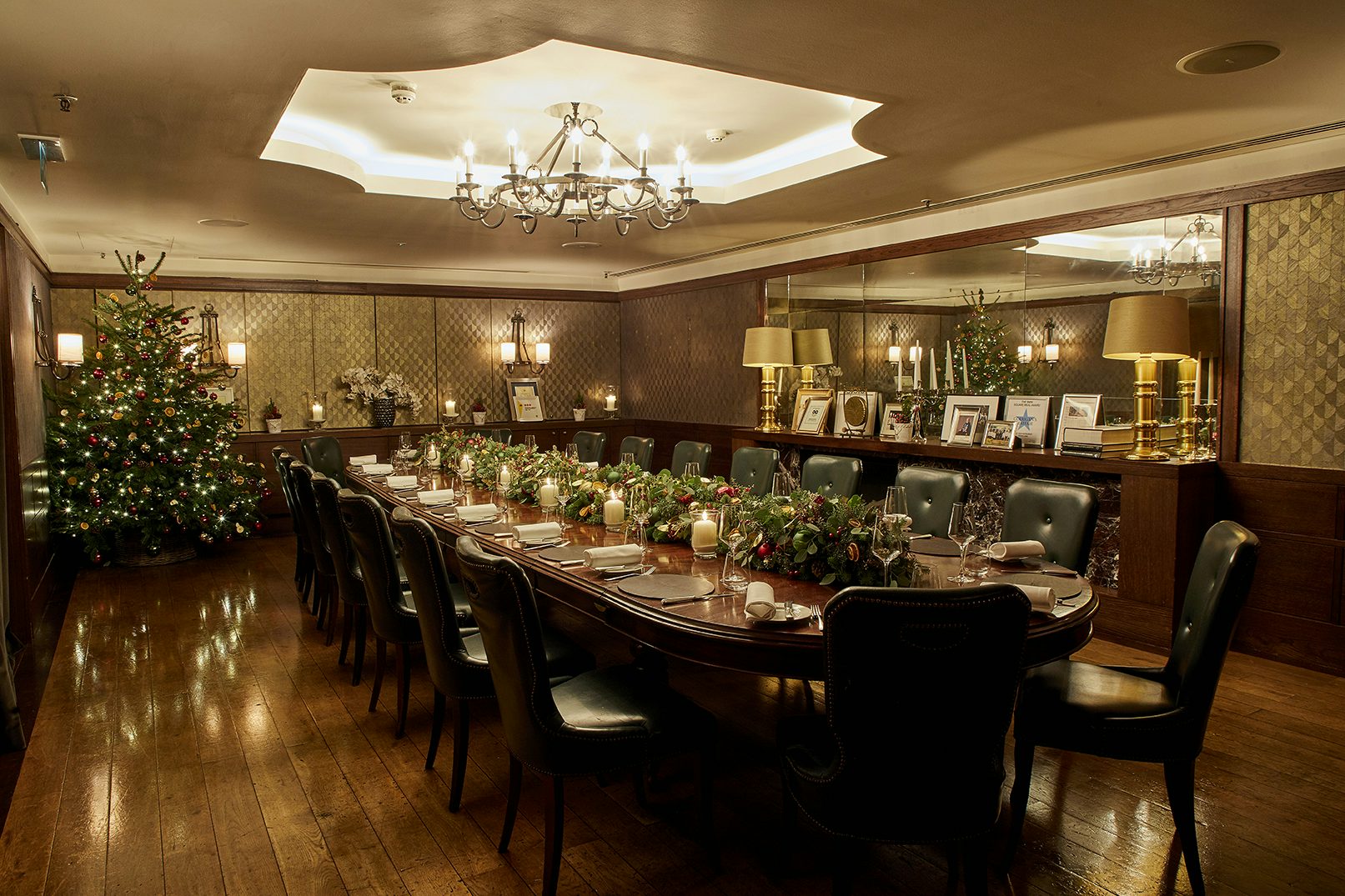 Elegant private dining room in Corrigan's Mayfair with festive decor for formal events.