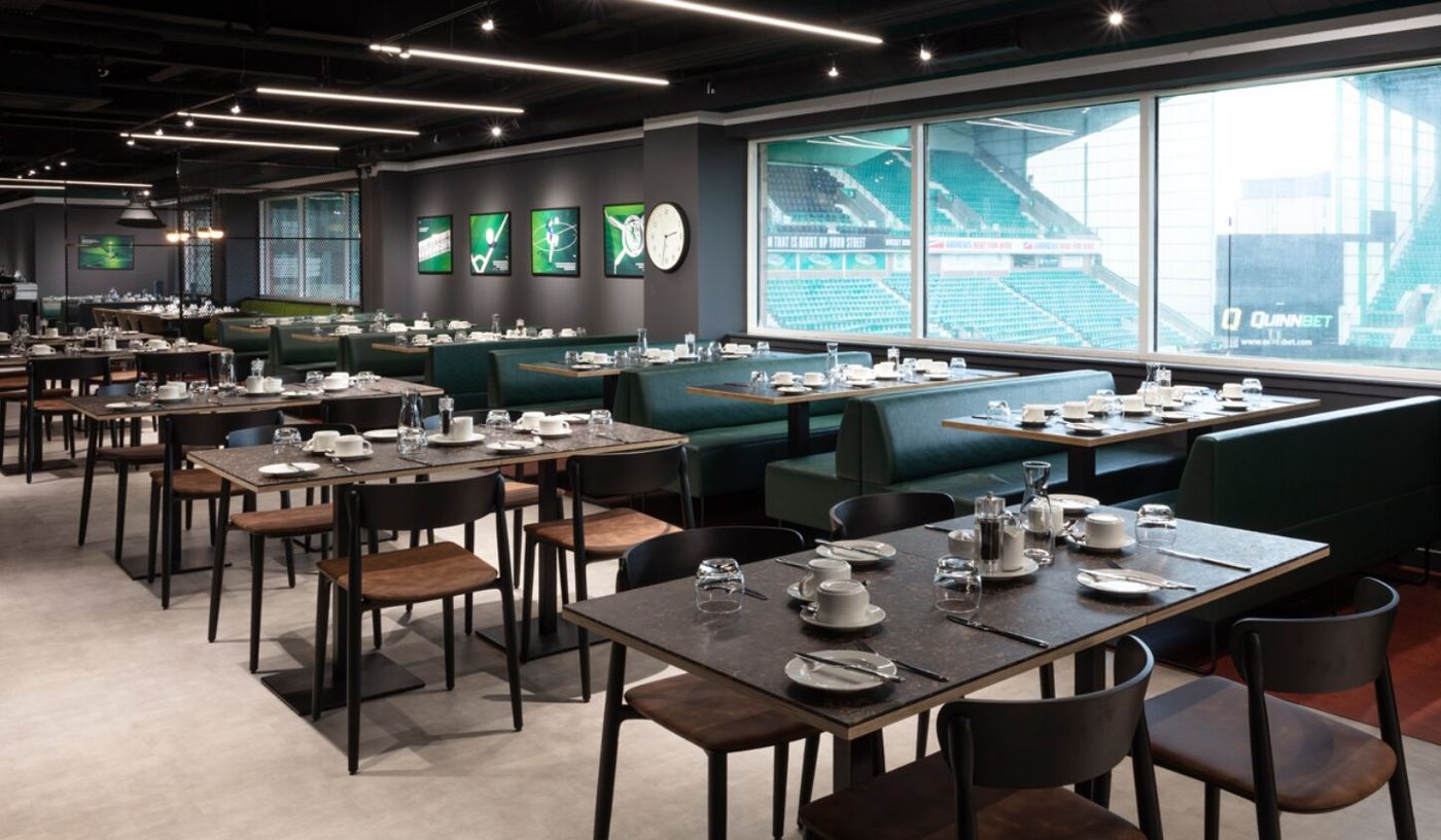 Modern dining space at Hibernian FC for corporate meetings and social events.