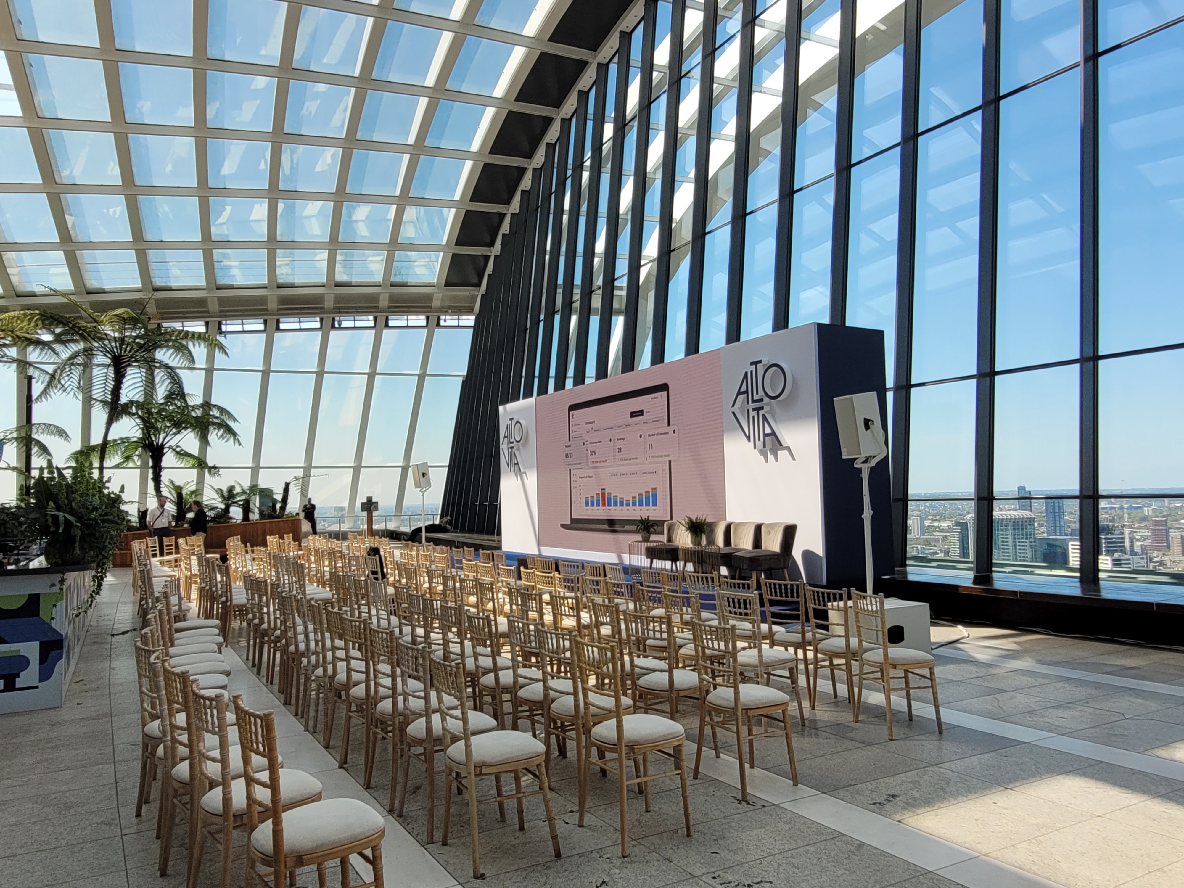Sky Garden conference, London event, glass venue, city view