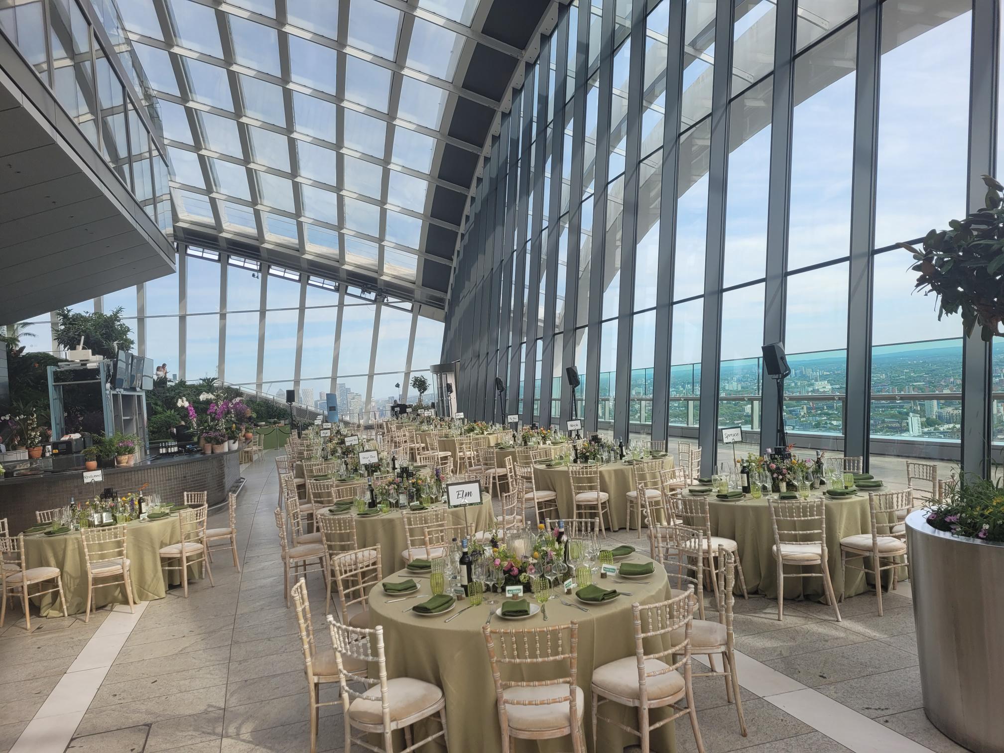 Exclusive hire Sky Garden London with elegant tables and panoramic views for upscale events.