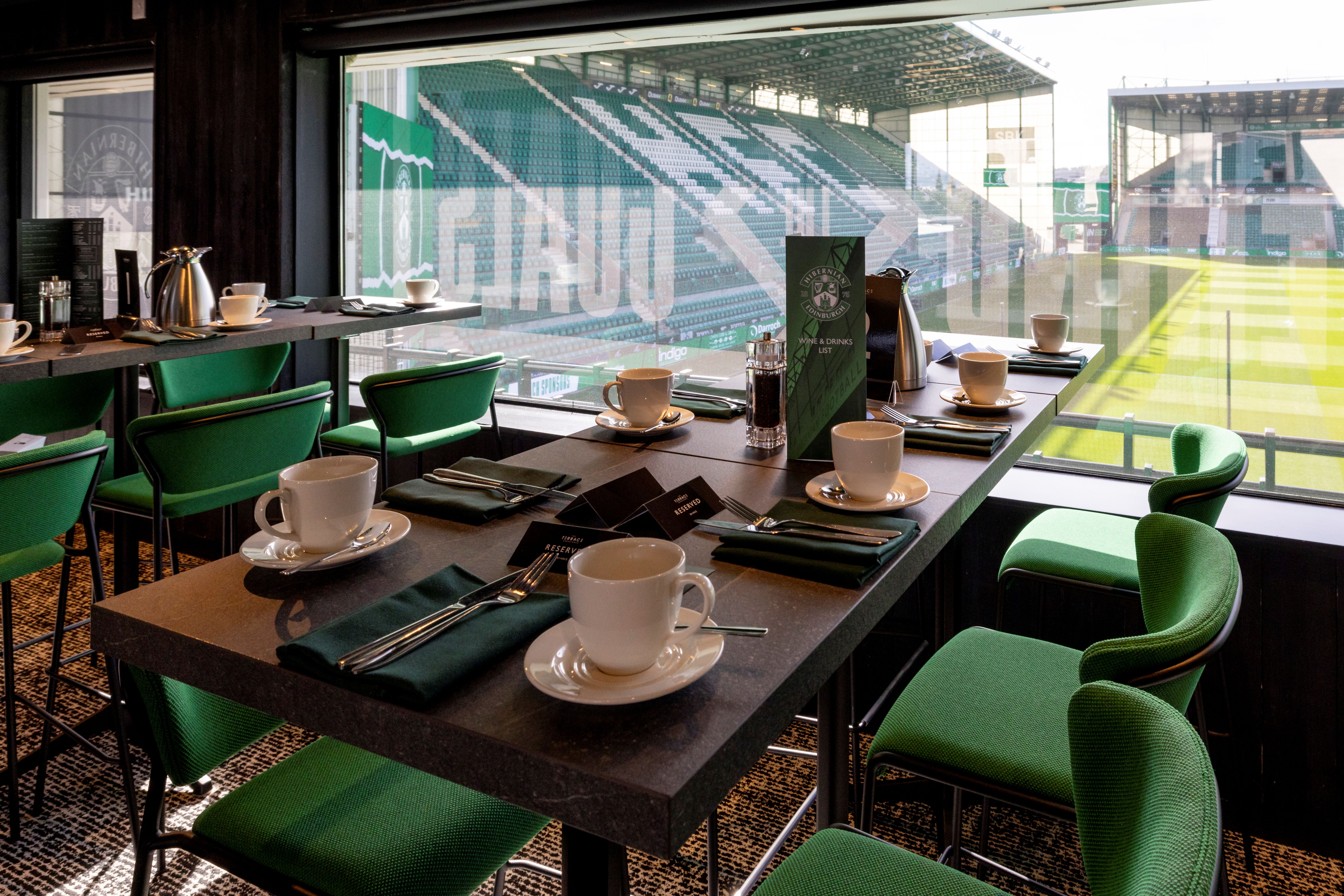 Stylish dining setup at Hibernian FC, ideal for corporate events and sports gatherings.
