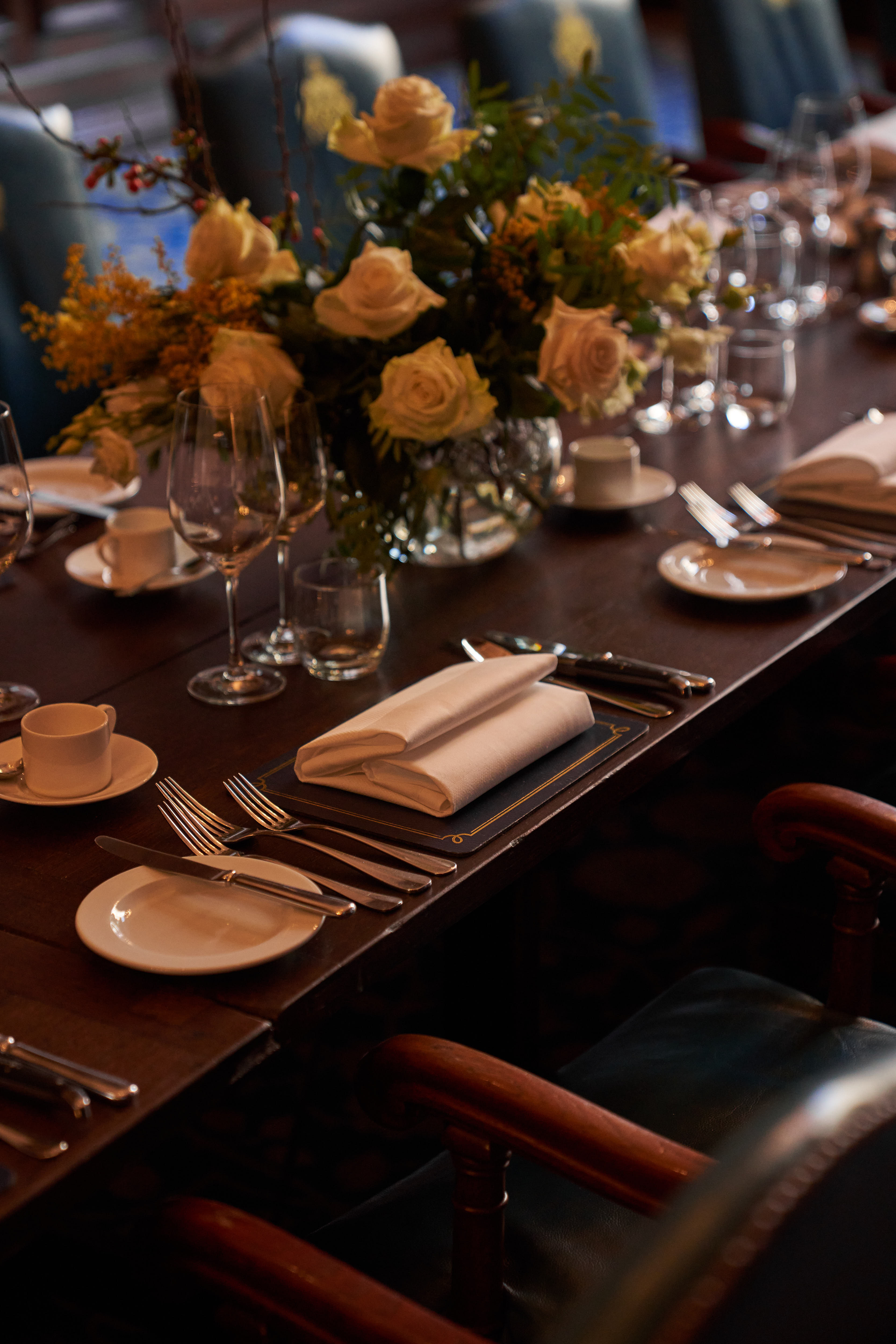 Elegant dining table in The Great Hall, ideal for upscale events and corporate meetings.