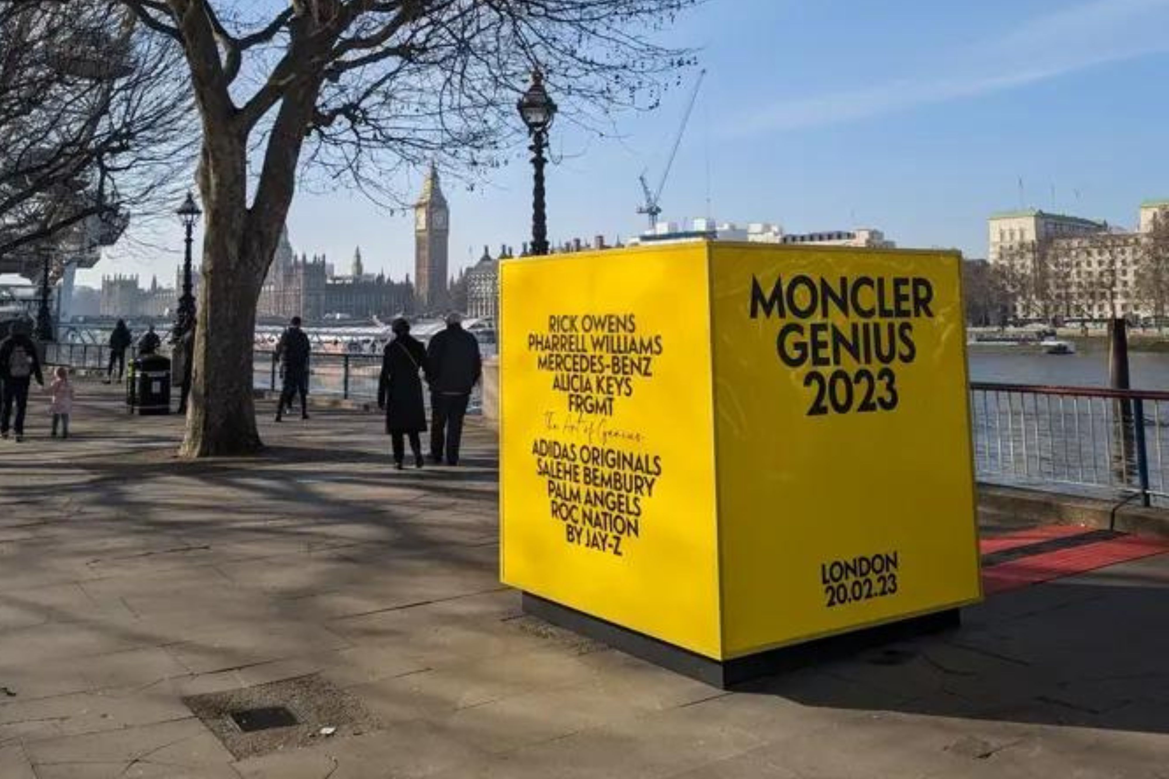 Vibrant yellow Moncler Genius 2023 installation on Queen's Walk, Southbank Centre, London.