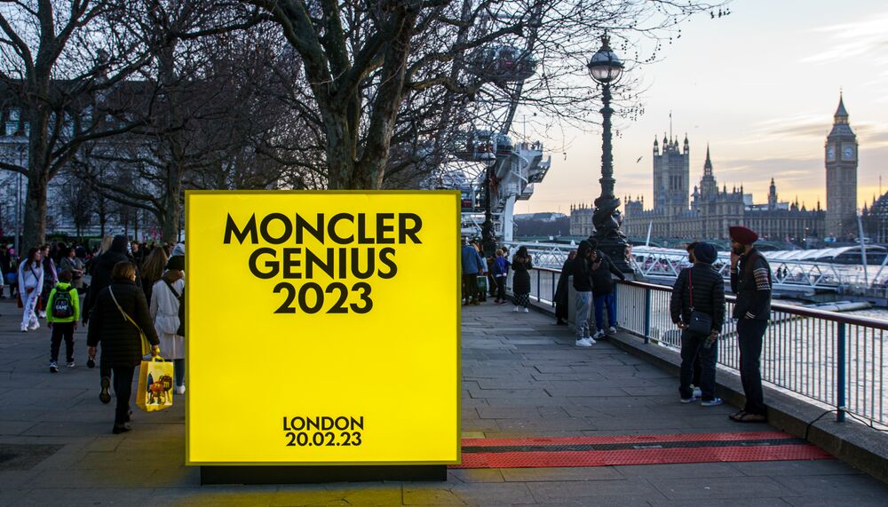 Vibrant Moncler Genius 2023 display on Queen's Walk, Southbank Centre, London.